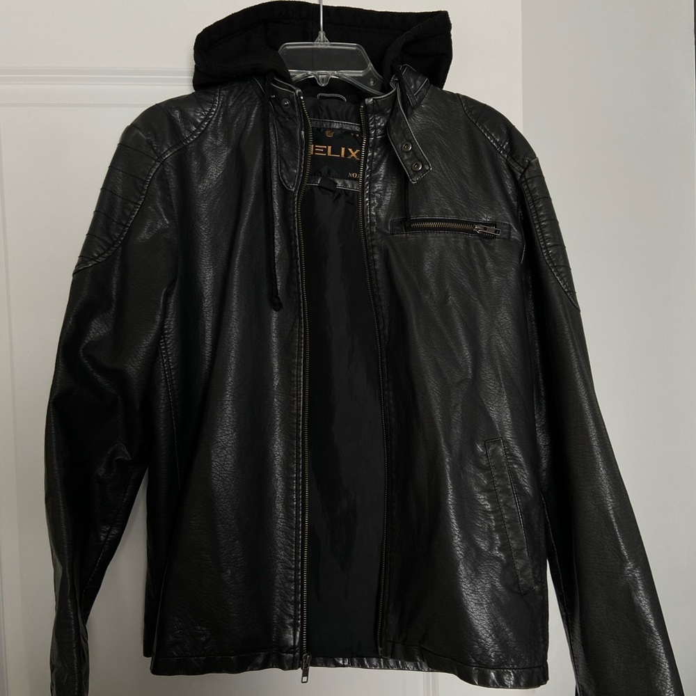 Men’s Leather Zip Up Jacket with Hood